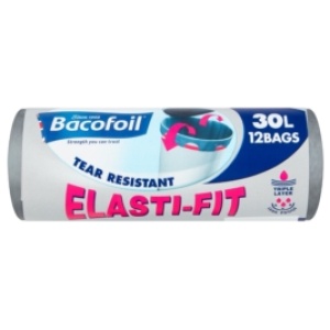 Bacofoil Elasti-fit Kitchen bin liner Tear Resistant Bin Liner 30L x 12 bags